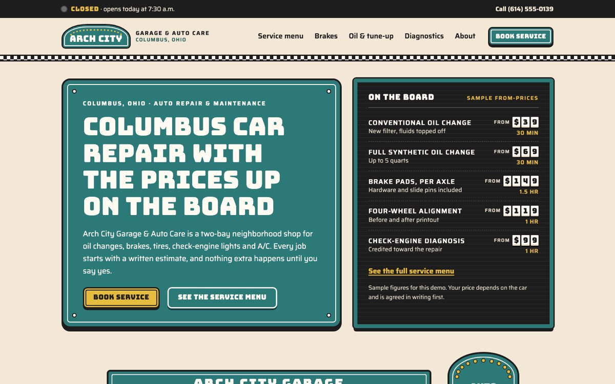 Desktop home page of the Arch City Garage & Auto Care demo website