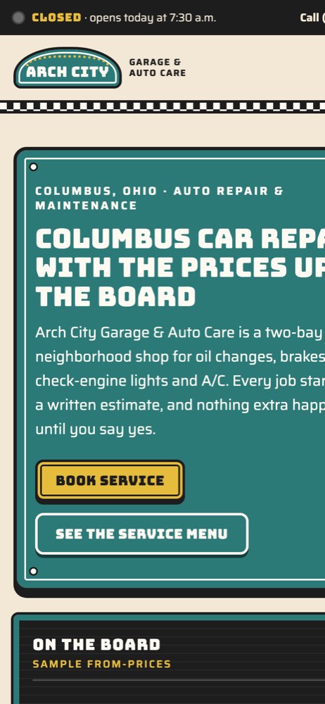 Phone view of the Arch City Garage & Auto Care demo website