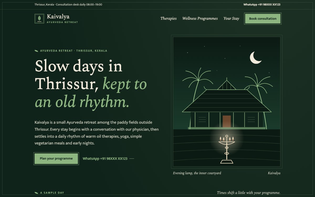 Desktop home page of the Kaivalya Ayurveda Retreat demo website