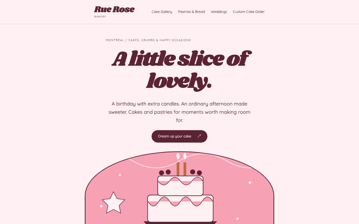 Desktop home page of the Rue Rose Pâtisserie demo website