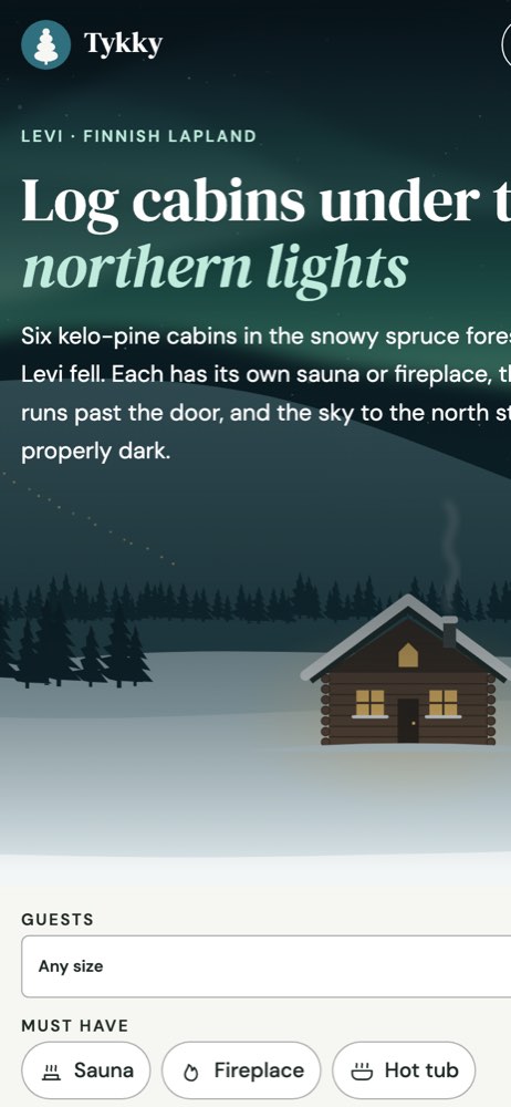 Phone view of the Tykky Cabins Levi demo website