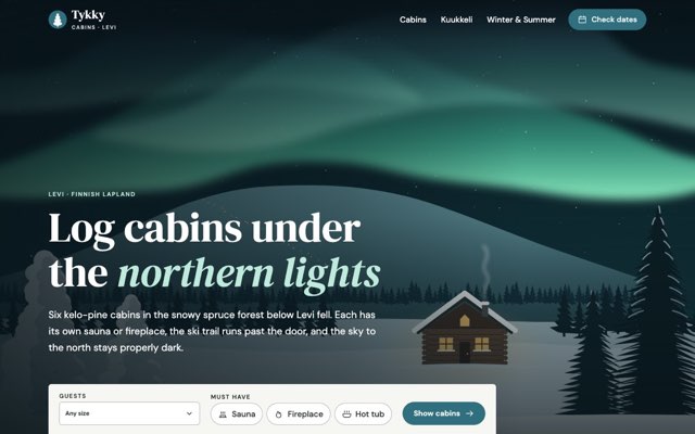 Home page of the Tykky Cabins Levi demo website