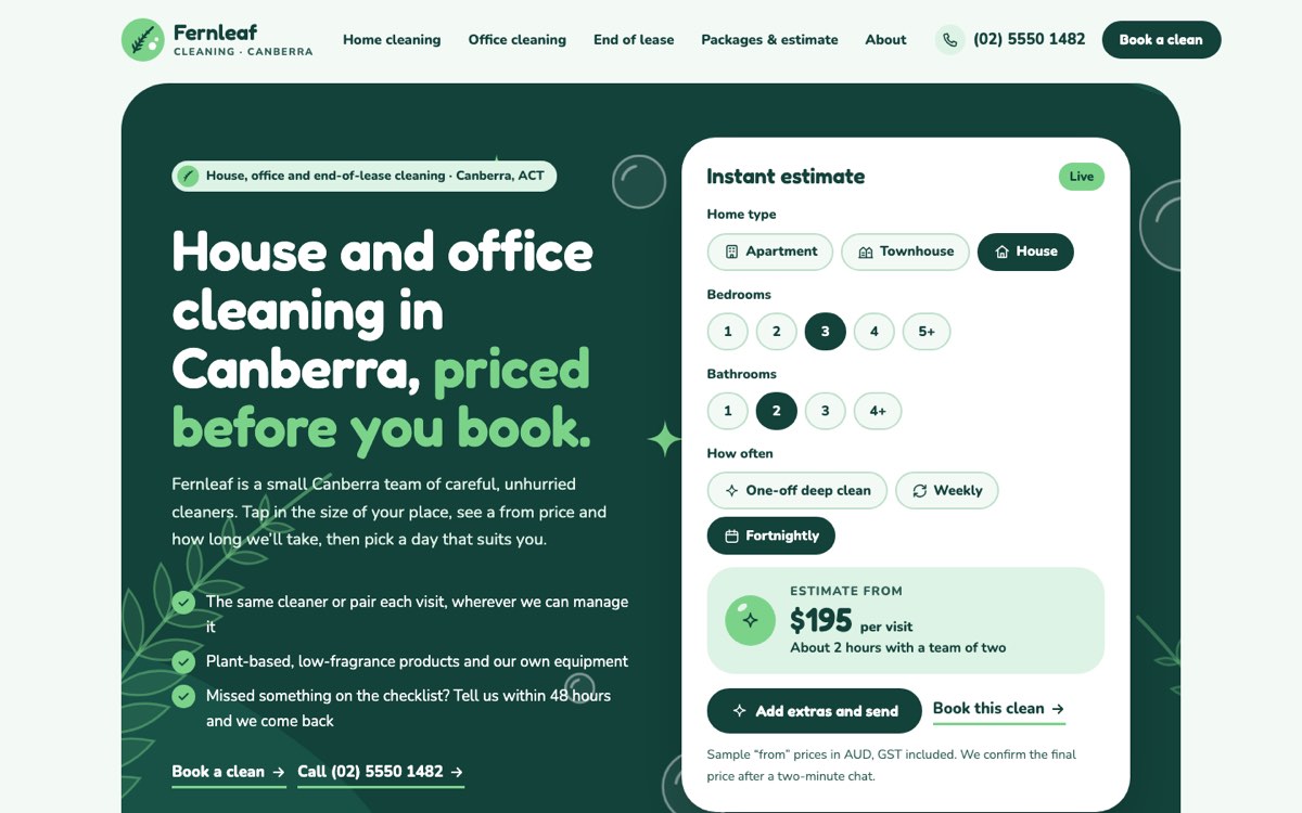 Desktop home page of the Fernleaf Cleaning demo website