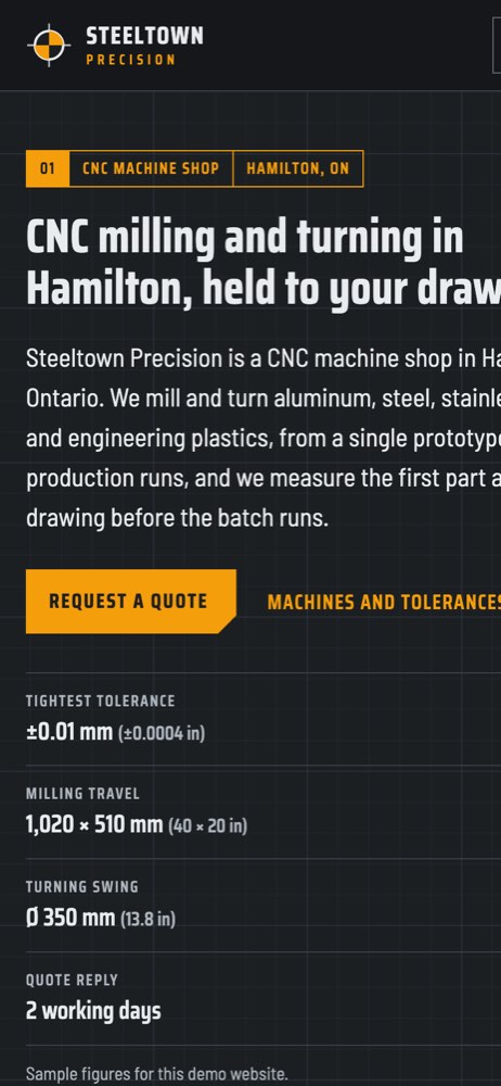 Phone view of the Steeltown Precision demo website