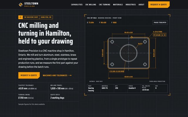 Home page of the Steeltown Precision demo website