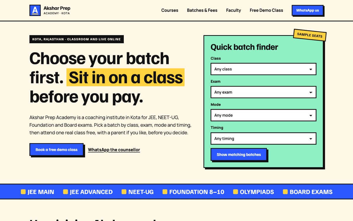 Desktop home page of the Akshar Prep Academy demo website