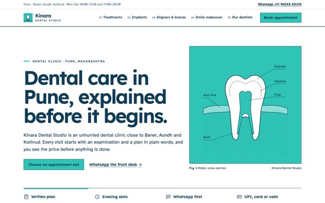 Home page of the Kinara Dental Studio demo website