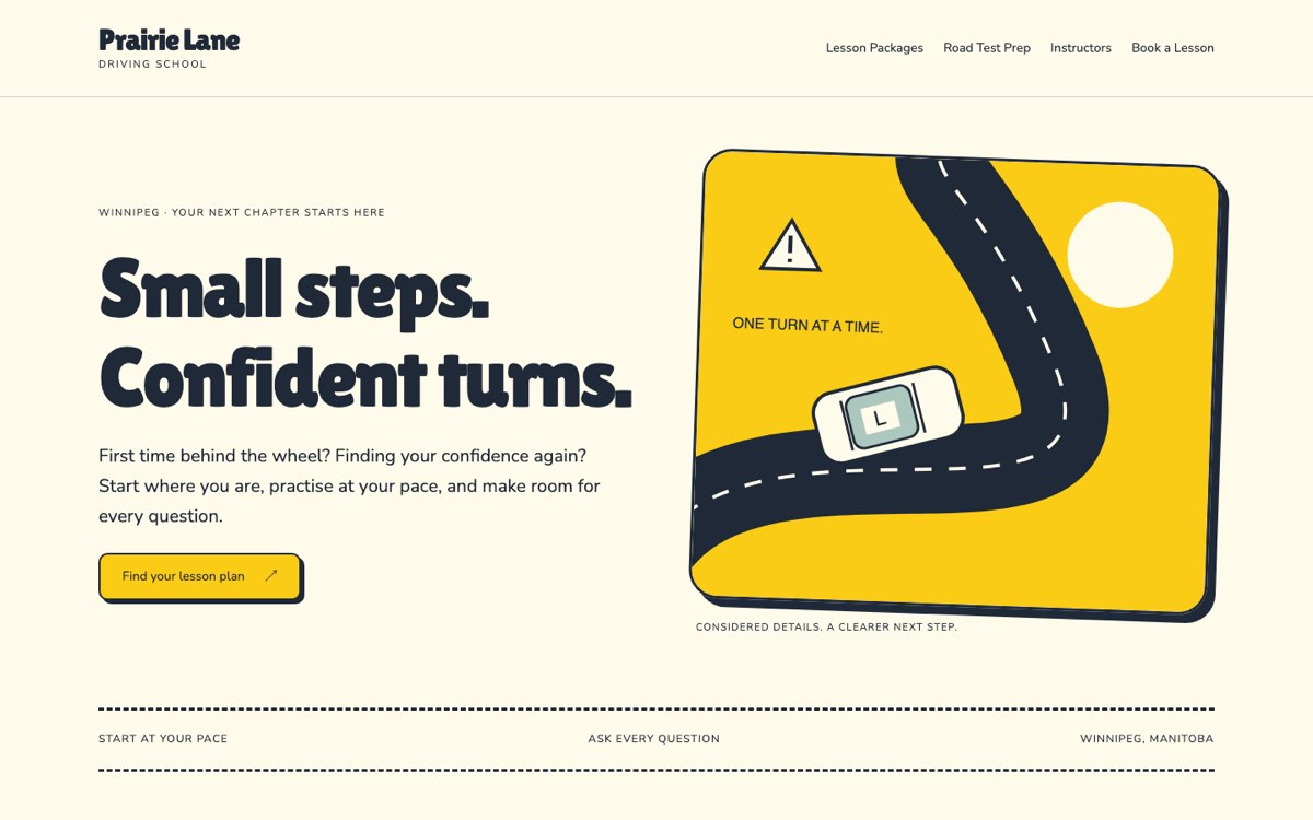 Desktop home page of the Prairie Lane Driving School demo website