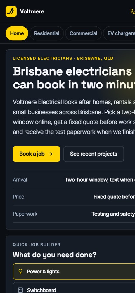 Phone view of the Voltmere Electrical demo website