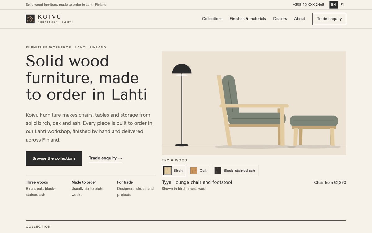 Desktop home page of the Koivu Furniture demo website