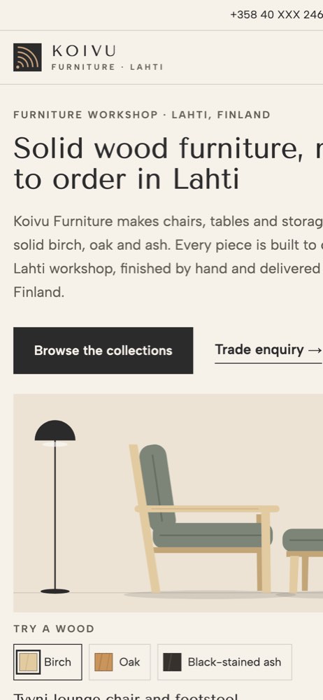 Phone view of the Koivu Furniture demo website