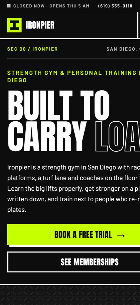 Phone view of the Ironpier Fitness demo website