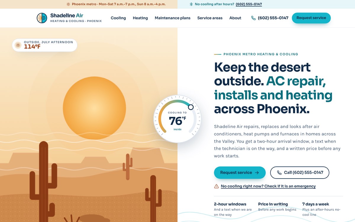 Desktop home page of the Shadeline Air demo website