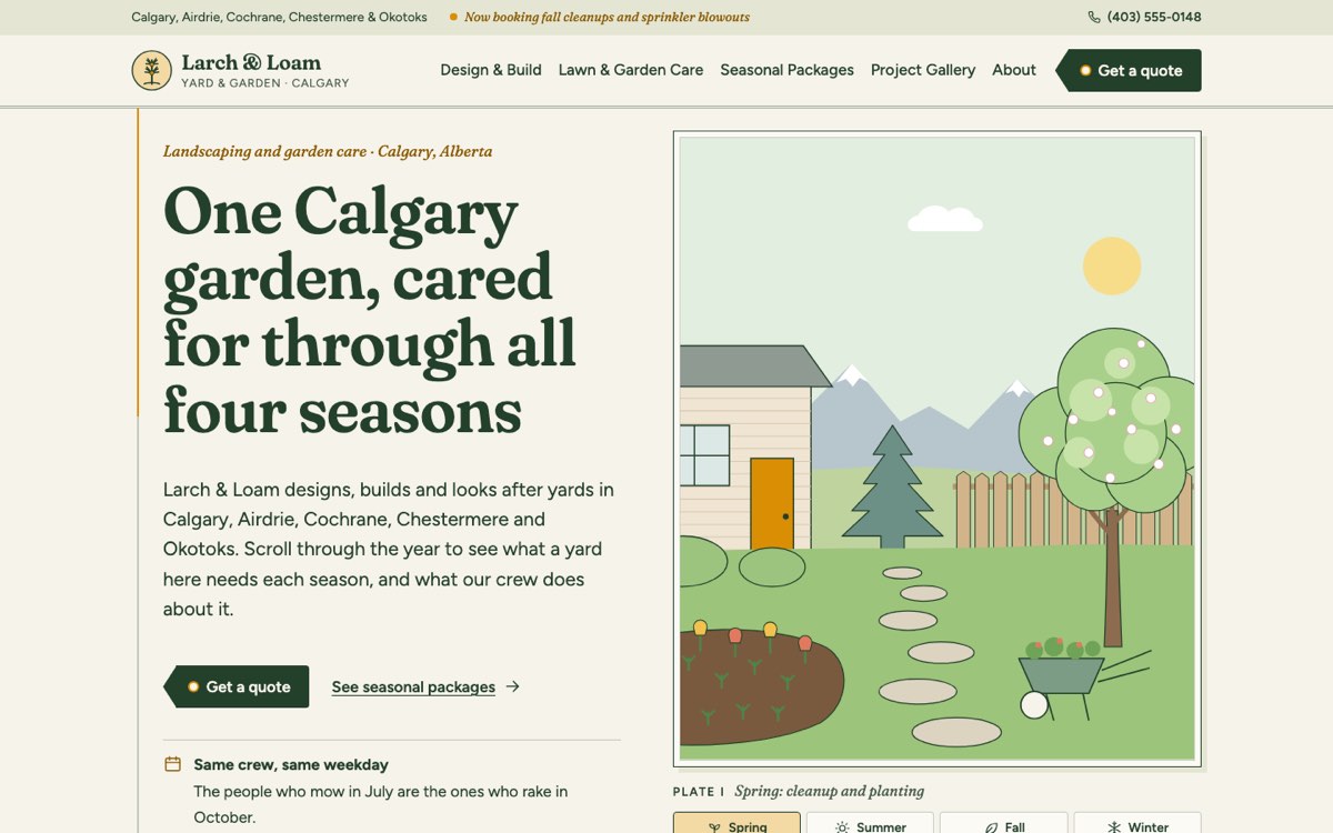 Desktop home page of the Larch & Loam Garden Co. demo website