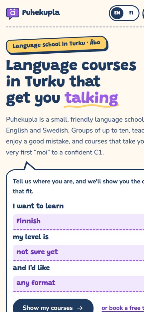 Phone view of the Puhekupla Language School demo website