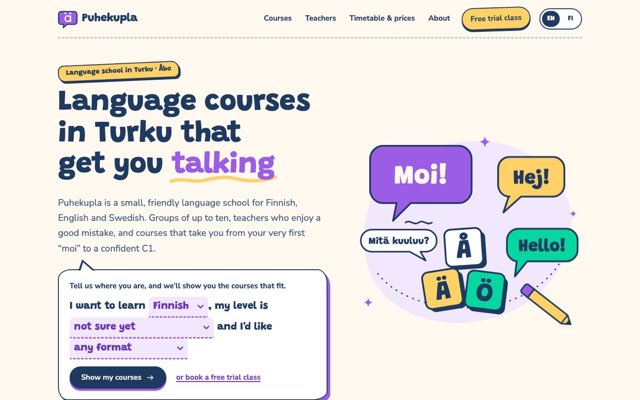 Home page of the Puhekupla Language School demo website