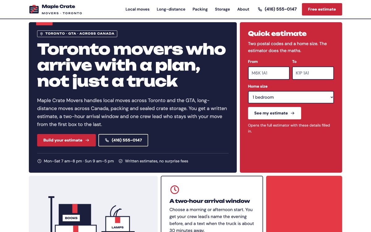 Desktop home page of the Maple Crate Movers demo website
