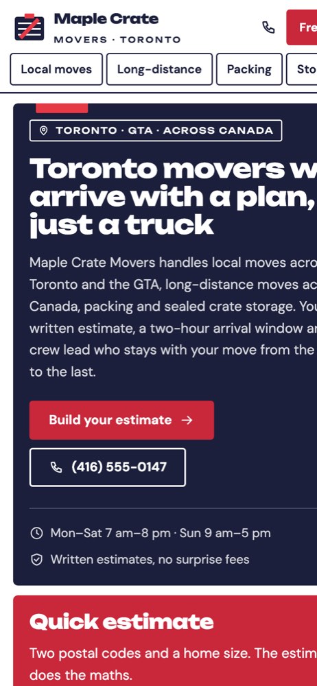 Phone view of the Maple Crate Movers demo website