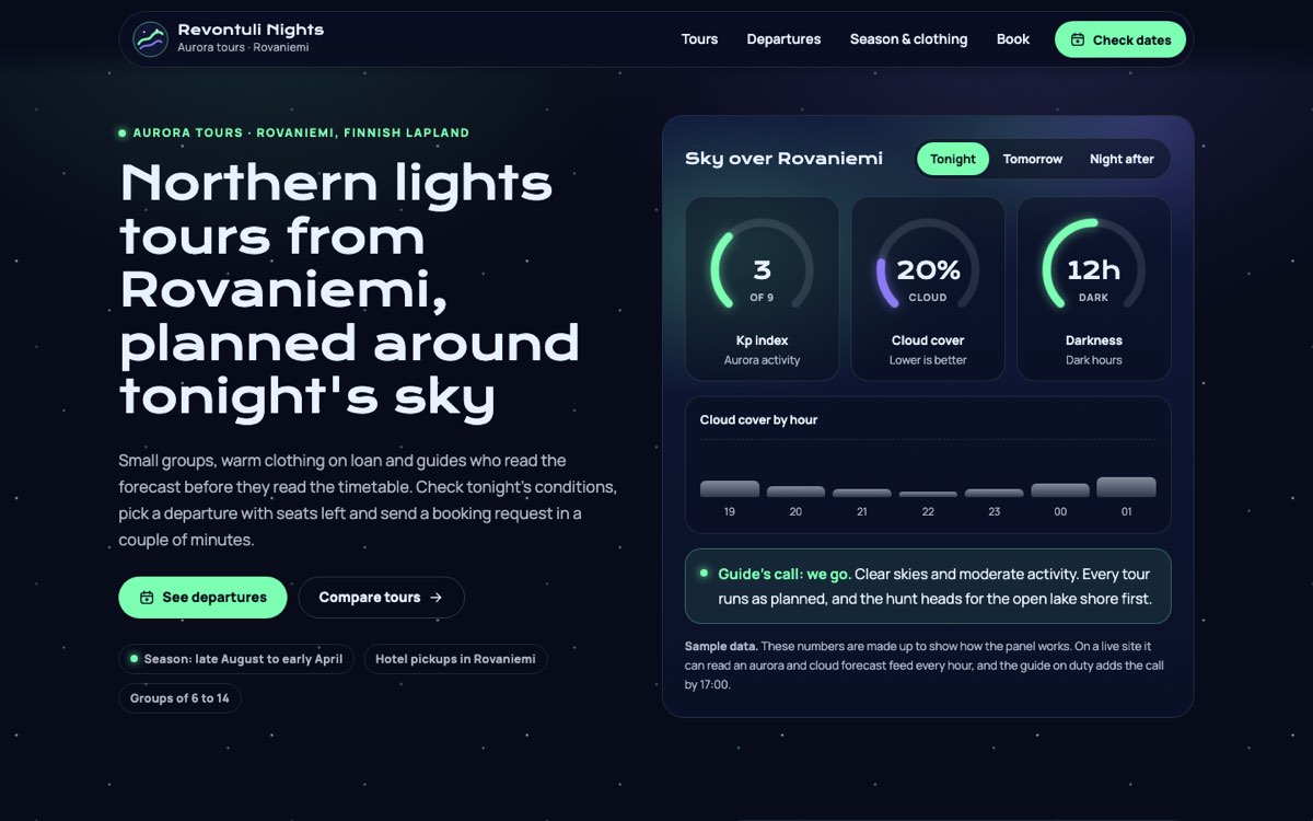 Desktop home page of the Revontuli Nights demo website