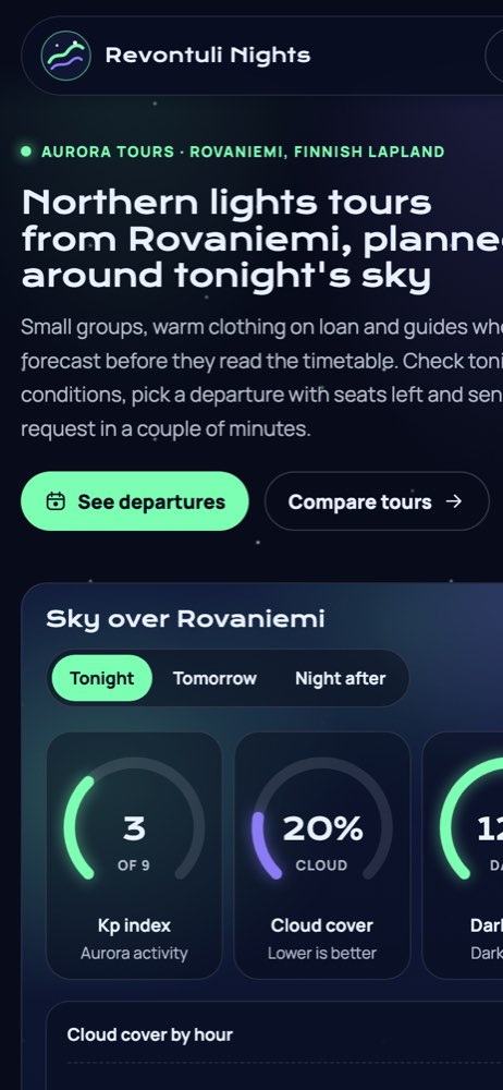 Phone view of the Revontuli Nights demo website