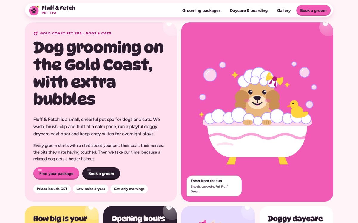 Desktop home page of the Fluff & Fetch Pet Spa demo website