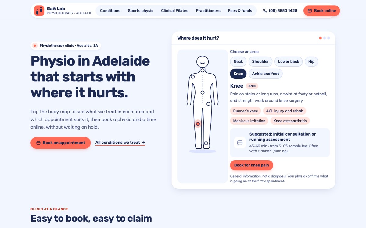 Desktop home page of the Gait Lab Physiotherapy demo website