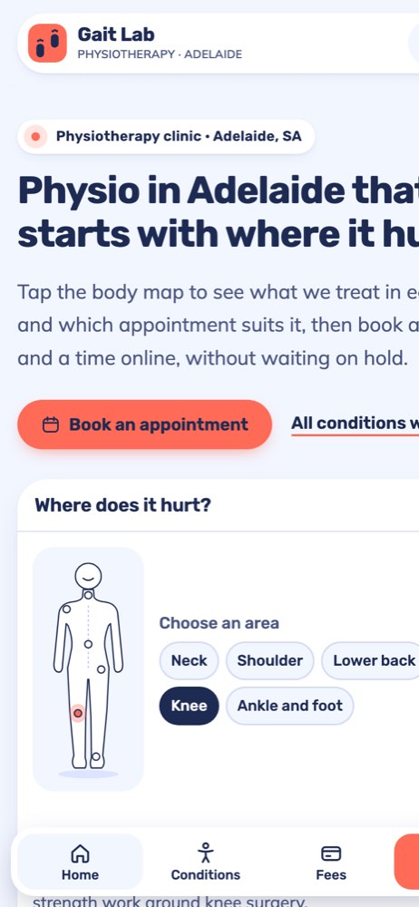 Phone view of the Gait Lab Physiotherapy demo website