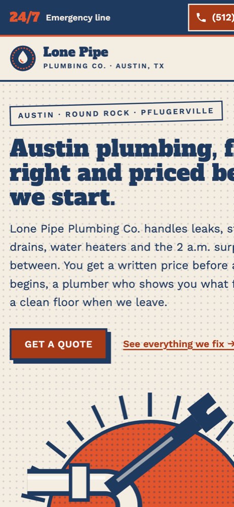 Phone view of the Lone Pipe Plumbing Co. demo website