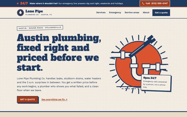 Home page of the Lone Pipe Plumbing Co. demo website