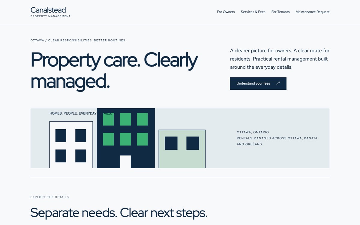 Desktop home page of the Canalstead Property Management demo website