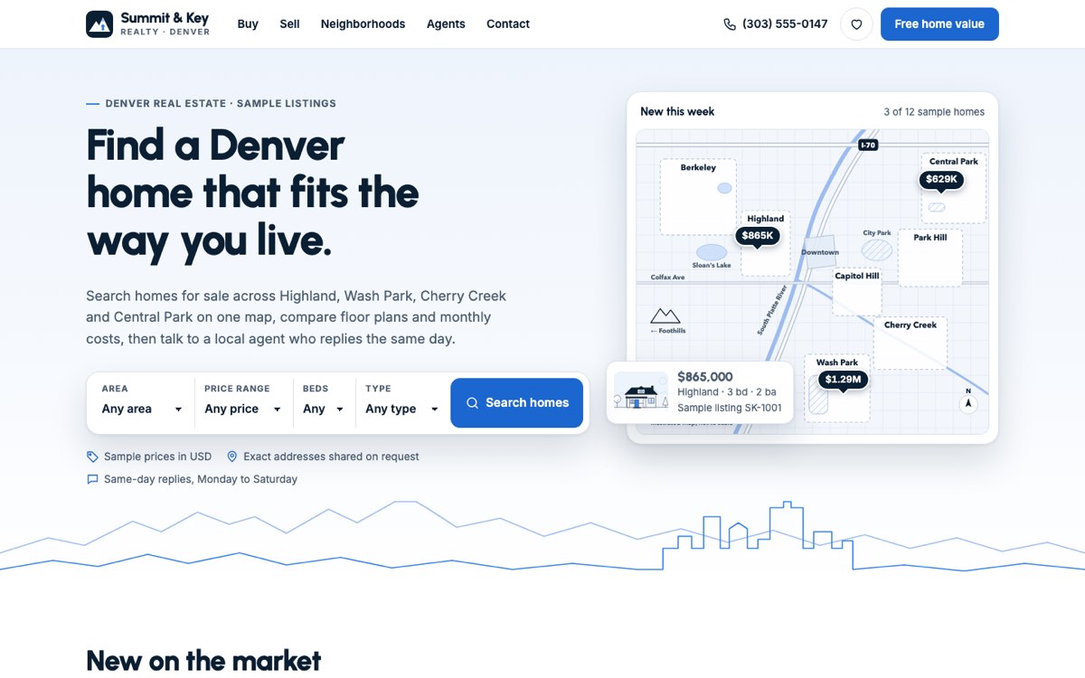 Desktop home page of the Summit & Key Realty demo website