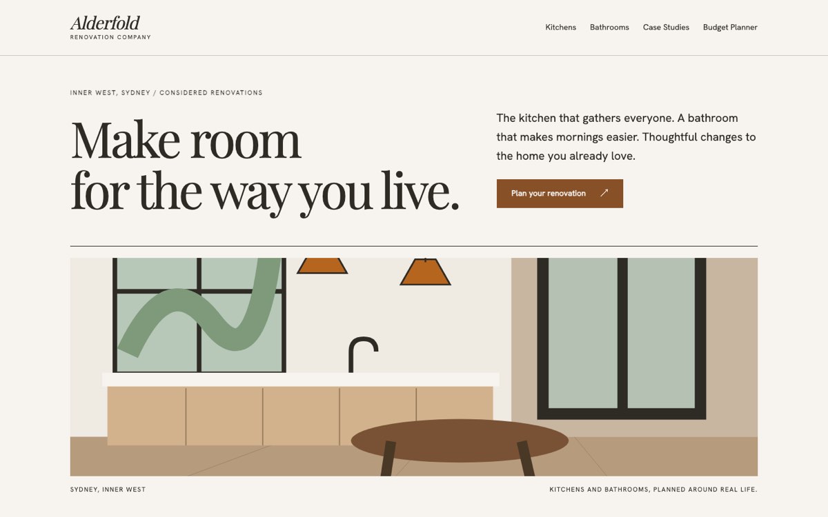 Desktop home page of the Alderfold Renovations demo website