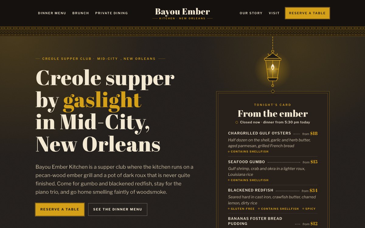 Desktop home page of the Bayou Ember Kitchen demo website