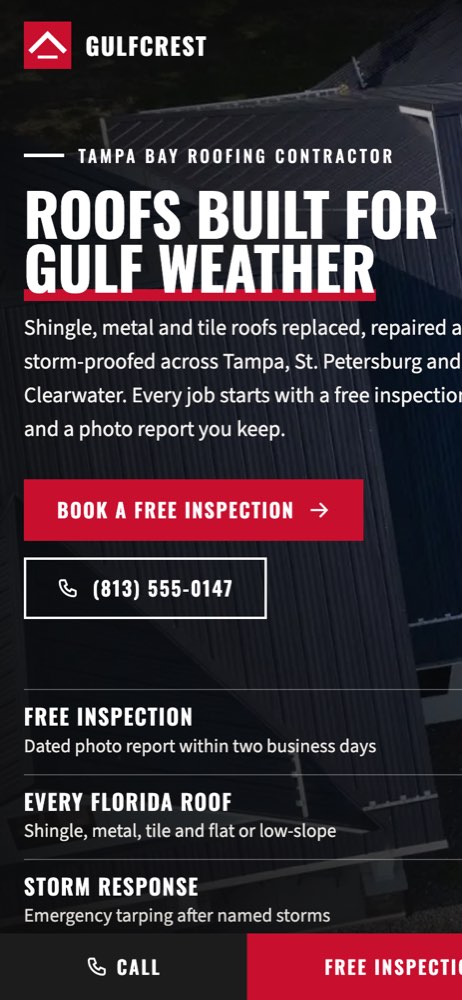 Phone view of the Gulfcrest Roofing demo website