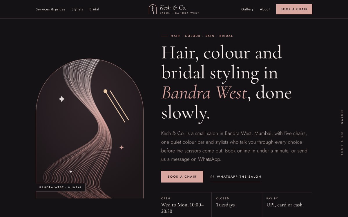 Desktop home page of the Kesh & Co. Salon demo website