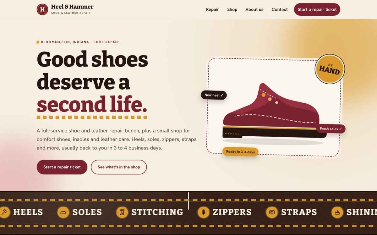 Desktop home page of the Heel & Hammer Shoe Repair demo website