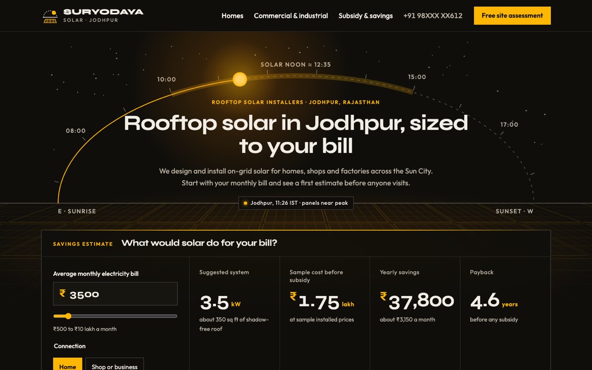 Desktop home page of the Suryodaya Solar demo website