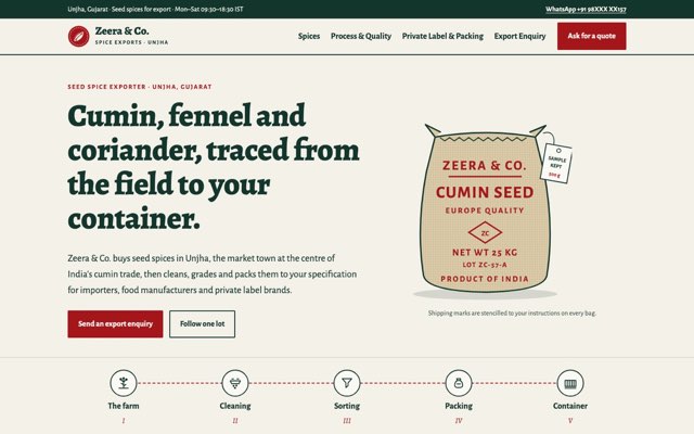 Home page of the Zeera & Co. Spice Exports demo website