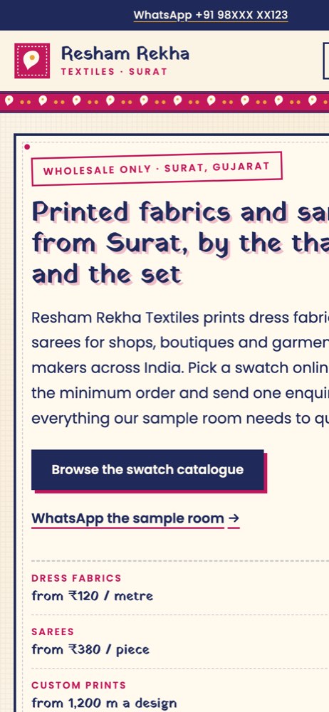 Phone view of the Resham Rekha Textiles demo website