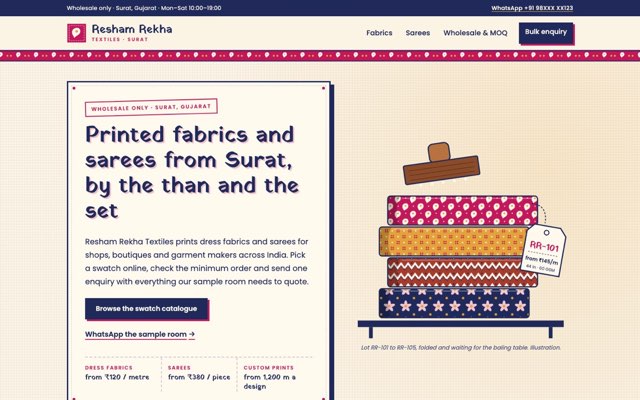 Home page of the Resham Rekha Textiles demo website