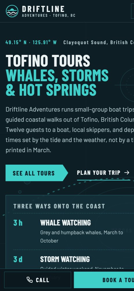 Phone view of the Driftline Adventures demo website
