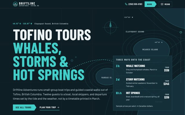Home page of the Driftline Adventures demo website