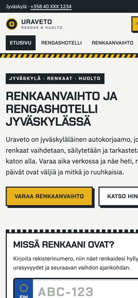 Phone view of the Uraveto Rengas & Huolto demo website