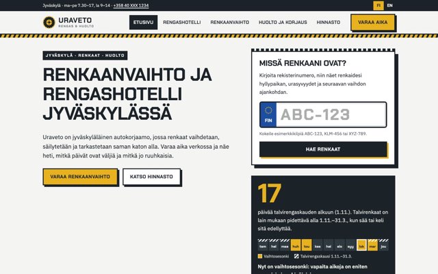 Home page of the Uraveto Rengas & Huolto demo website