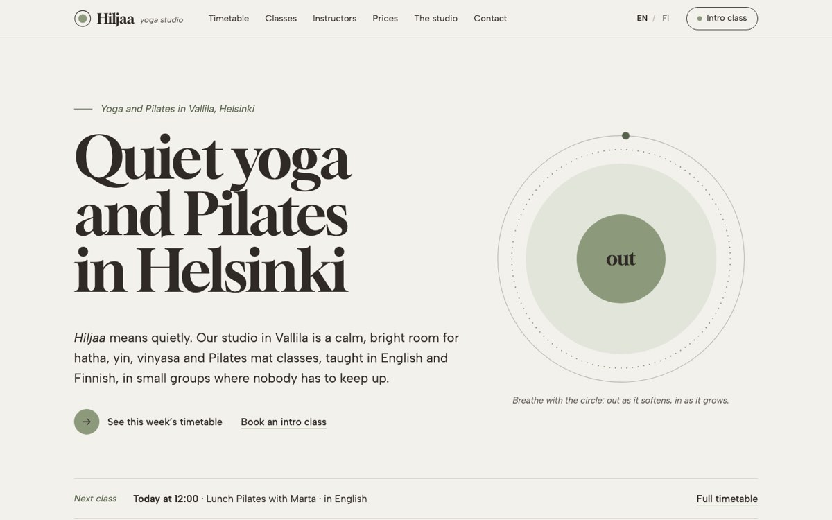Desktop home page of the Hiljaa Yoga Studio demo website
